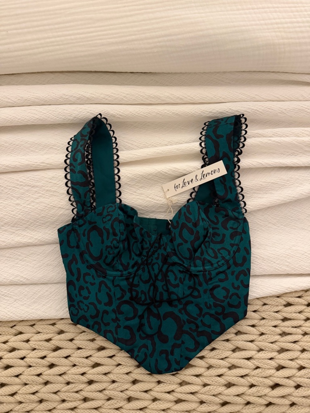 For Love & Lemons Teal and Black Leopard-Print Crop Top